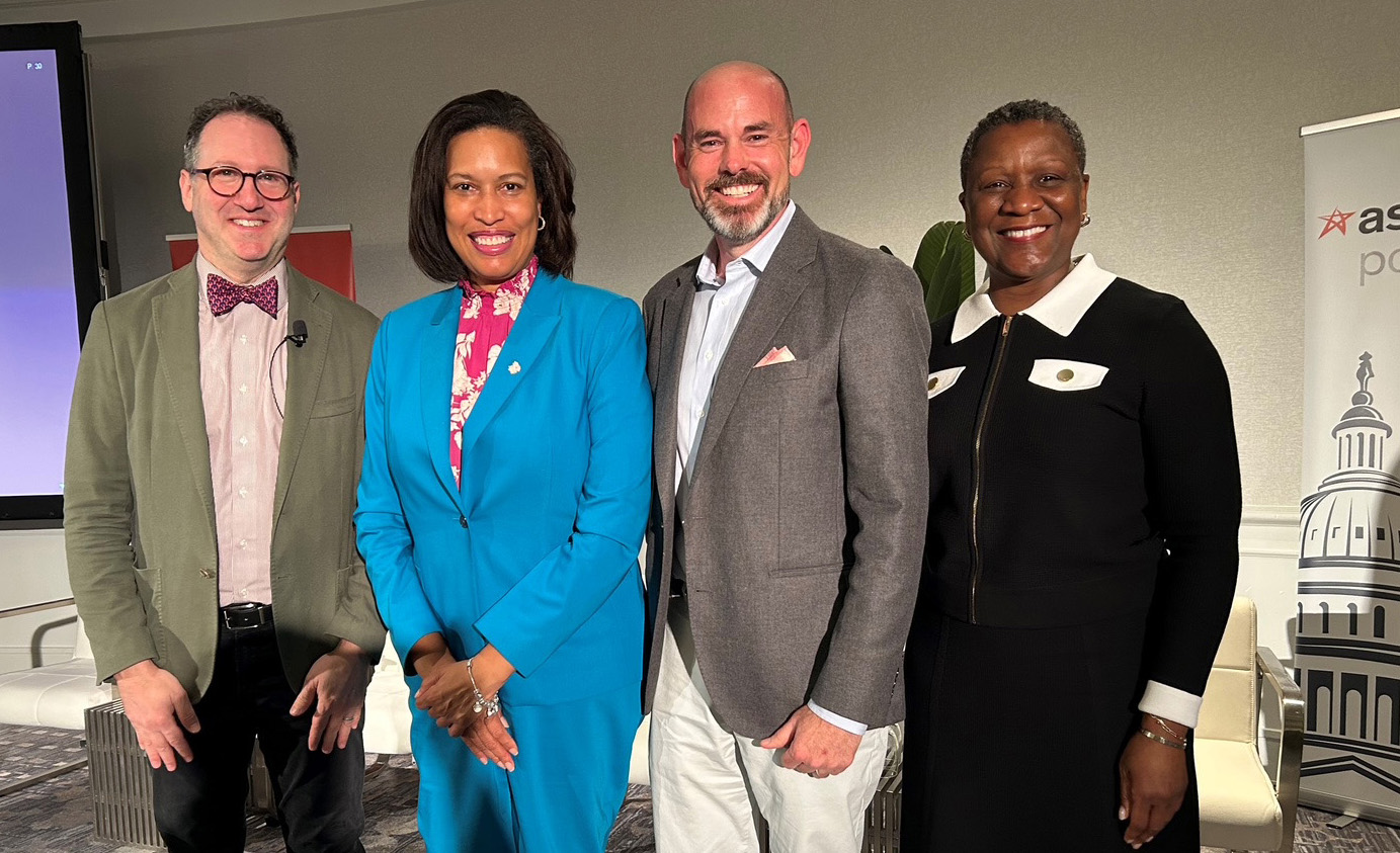 Washington, D.C. Mayor Muriel Bowser spoke about her administration’s workforce development priorities and partnering with D.C.-area associations at ASAE’s inaugural Public Policy Forum on March 23 at the Mayflower Hotel. Pictured here (left to right): Jason Oxman, CAE, APR, President and CEO, Information Technology Industry Council (Moderator); Mayor Bowser; ASAE Chair Jay Karen, CAE, CEO, National Golf Course Owners Association; and ASAE President and CEO Michelle Mason, FASAE, CAE, AAiP.