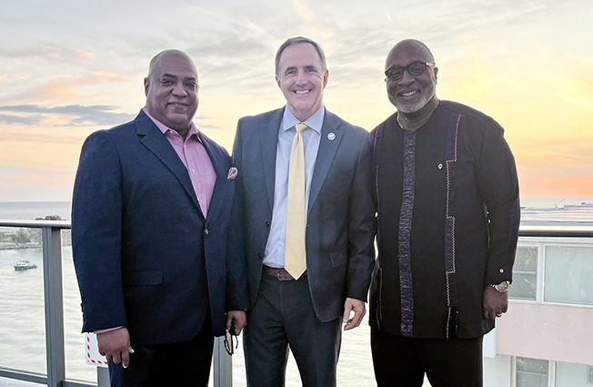 The National Coalition of Black Meeting Professionals (NCBMP) held its inaugural Kermit J. Hall Leadership Summit at the J.W. Marriott Clearwater Beach from April 22–24. Shown here (left to right): Kevin L. S. Richardson, Chair, National Coalition of Black Meeting Professionals; Clearwater Mayor Bruce Rector; and Jason Dunn, CEO, National Coalition of Black Meeting Professionals.