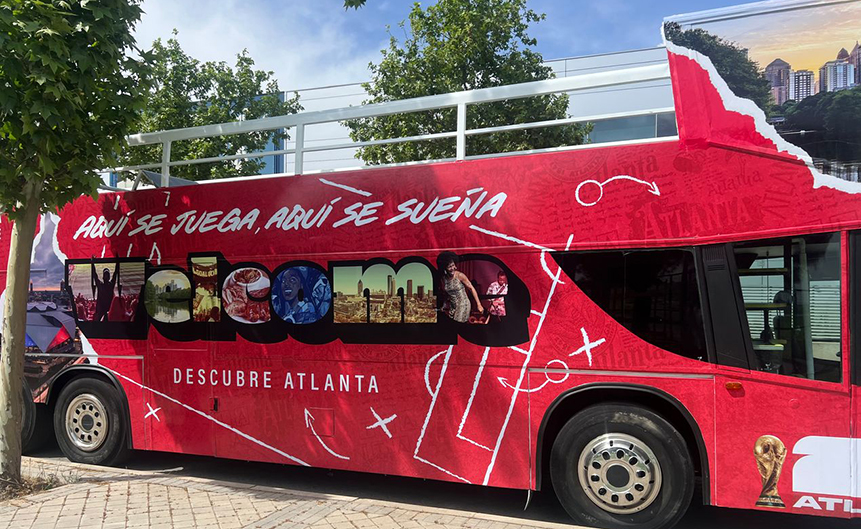 With the Atlanta CVB (ACVB) busy promoting the destination as a host city for FIFA World Cup 2026, a themed bus traveled through iconic locations in Madrid late last month to engage local audiences and build momentum ahead of the tournament. Atlanta’s Mercedes-Benz Stadium will host eight World Cup matches from June 15 through July 15. Credit: ACVB