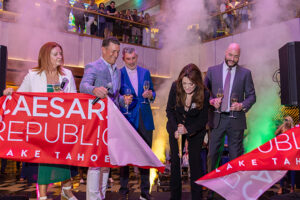 Lisa Vanderpump, a long-time partner of Caesars Entertainment and restauranteur, cuts the ribbon at the July 6 grand opening celebration at Caesars Republic Lake Tahoe Hotel & Casino in Nevada.