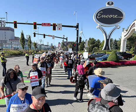Workers at the Encore Boston Harbor plan to strike until a new contract is reached. Pictured here are workers on the picket line outside the casino resort on September 8.