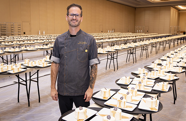 Eric Vaughn, Executive Director of Culinary Operations Banquets Las Vegas for Caesars Entertainment, with the more than 2,800 cakes which were prepared for Caesars Palace 60th Anniversary Gala Dinner at the property’s Octavius Ballroom. Buddy Valastro created the recipe with Vaughn’s team preparing the deserts. Credit: Caesars Entertainment.