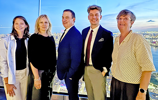 On September 9, Visit Flanders hosted an Evening Above New York at Sky Cellar, a private dining room on the 101st floor of New York City’s 30 Hudson Yards. Shown here at Edge NYC are (left to right): Jillian Sliwinski, Press and Community Manager (New York Office); Leen Gysen, CEO; Marco Frank, Trade Manager (New York Office); Brecht Putman, Sr. Association Manager (New York Office); and Tina Verstuyft, COO. Credit: Visit Flanders.