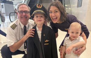 Earlier this month, Delta Air Lines’ Captain Mark Cokewell was joined on his final flight by daughter and flight attendant Bethany Wish. Cokewell has spent more than 40 years in commercial aviation. Here they are joined by his grandsons Jack and Finn.