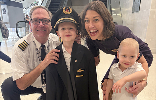 Earlier this month, Delta Air Lines’ Captain Mark Cokewell was joined on his final flight by daughter and flight attendant Bethany Wish. Cokewell has spent more than 40 years in commercial aviation. Here they are joined by his grandsons Jack and Finn.