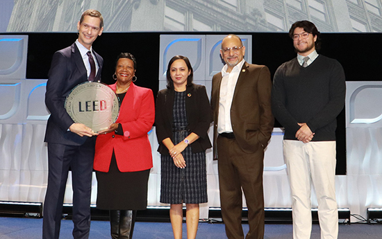 A plaque presentation took place during the Greenbuild International Conference and Expo at New York City’s Jacob K. Javits Center on October 21. Javits Center was recognized for achieving LEED Silver Certification for Operations and Maintenance. Left to right: Peter Templeton, President & CEO, U.S. Green Building Council; Joyce Leveston, President & CEO, Javits Center; Yashi Dadhich, Sr. Director of Energy & Sustainability, Javits Center; Kenneth Sanchez, COO, Javits Center; and Eli Dryer, Event Sustainability Lead, Javits Center.